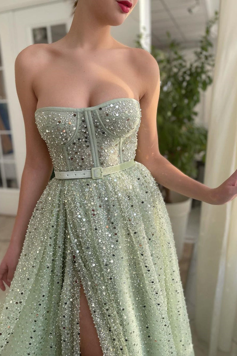 A-line Strapless Sweetheart Sequined High Split Floor-length Sleeveless Open Back Sexy Prom Dress-stylesnuggle