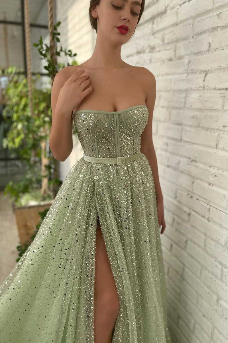 A-line Strapless Sweetheart Sequined High Split Floor-length Sleeveless Open Back Sexy Prom Dress-stylesnuggle