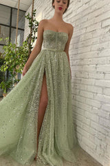 A-line Strapless Sweetheart Sequined High Split Floor-length Sleeveless Open Back Sexy Prom Dress-stylesnuggle