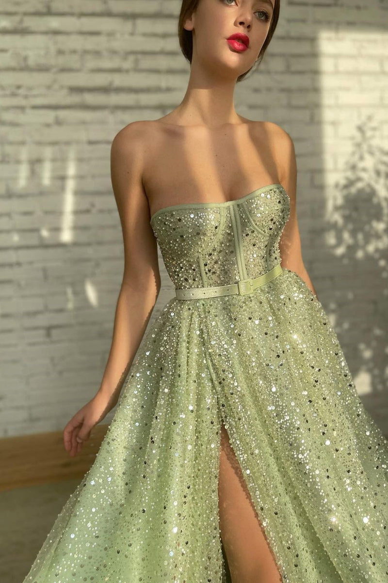 A-line Strapless Sweetheart Sequined High Split Floor-length Sleeveless Open Back Sexy Prom Dress-stylesnuggle