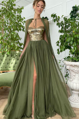 A-line Strapless Sweetheart Tulle Sequined Floor-length Sleeveless High Split Prom Dress-stylesnuggle