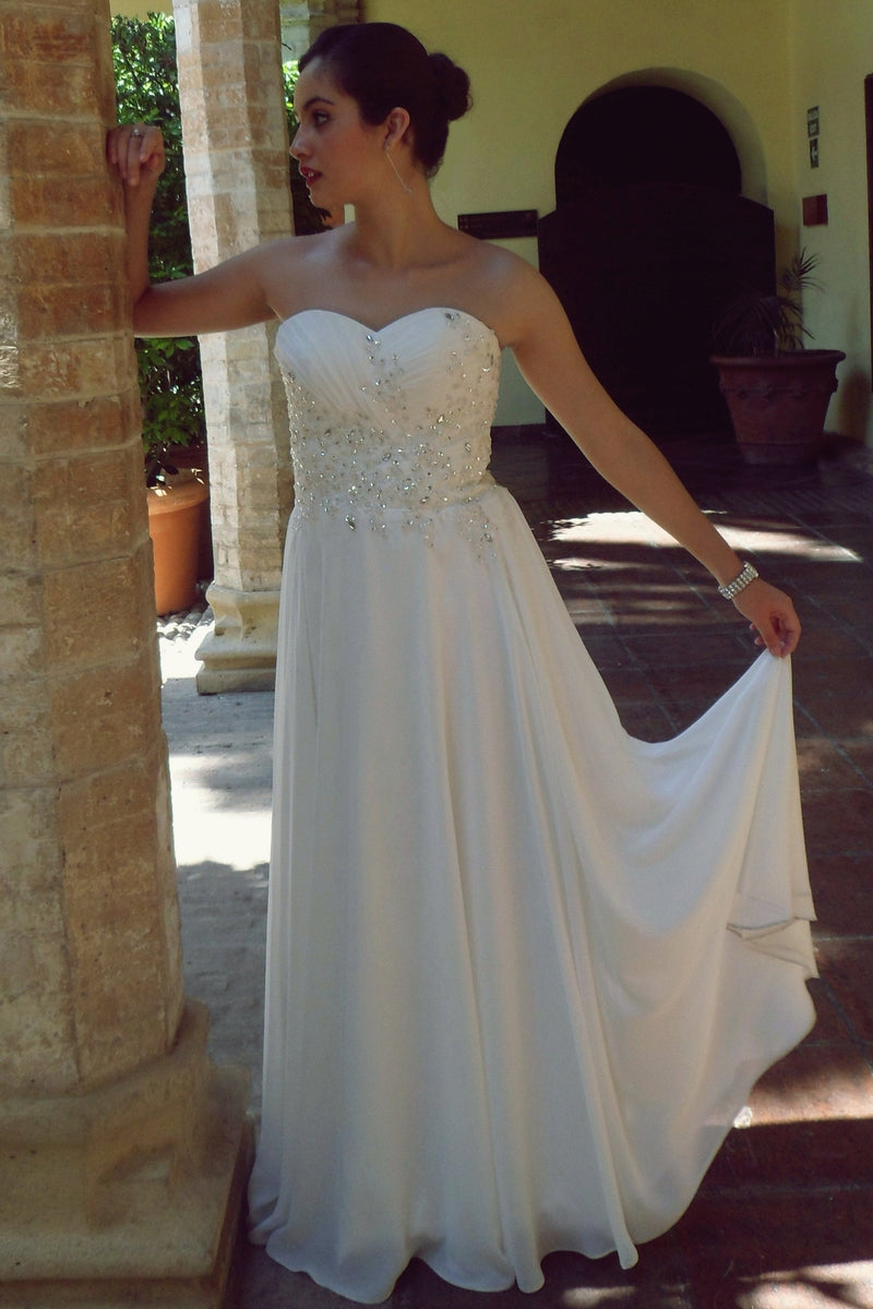 A-line Sweetheart Floor Length Chiffon Beaded Wedding Dress-stylesnuggle