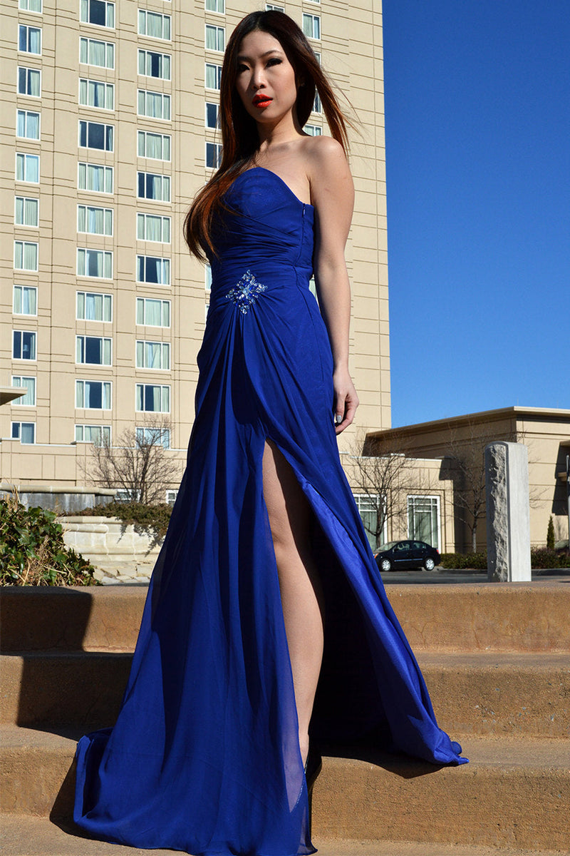 A-line Sweetheart Floor Length Chiffon Front Slit Rhinestone Prom Dress-stylesnuggle