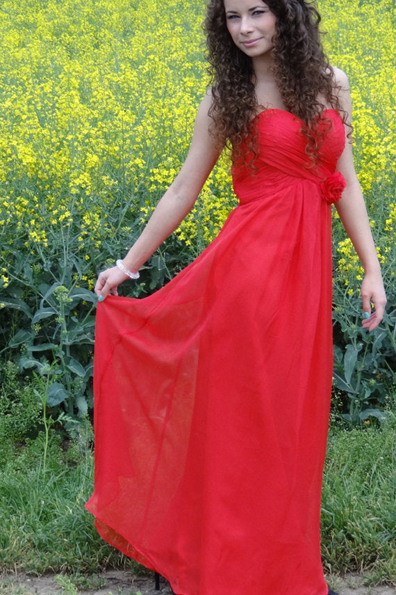 A-line Sweetheart Floor Length Chiffon Handmade Flower Prom Dress-stylesnuggle