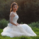 A-line Sweetheart Floor Length Tulle Handmade Flower Beading Wedding Dress-stylesnuggle