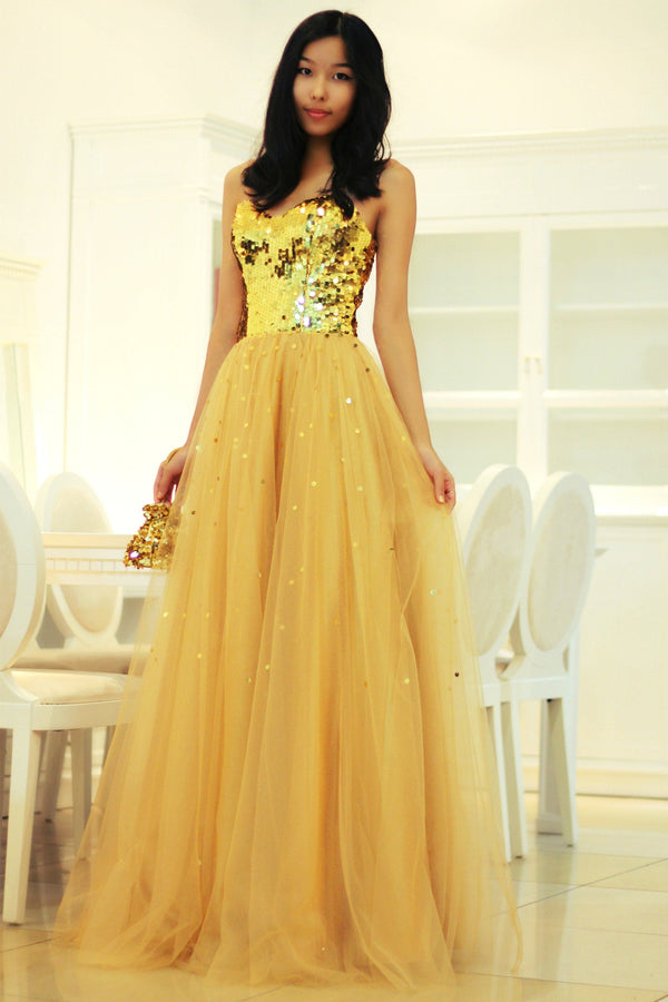 A-line Sweetheart Floor Length Tulle Paillette Prom Dress-stylesnuggle