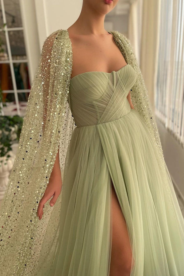 A-line Sweetheart High Split Shawl Sequined Floor-length Elegant Prom Dress-stylesnuggle