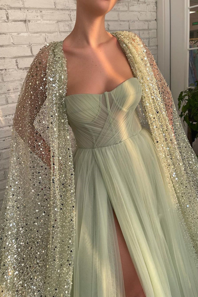 A-line Sweetheart High Split Shawl Sequined Floor-length Elegant Prom Dress-stylesnuggle