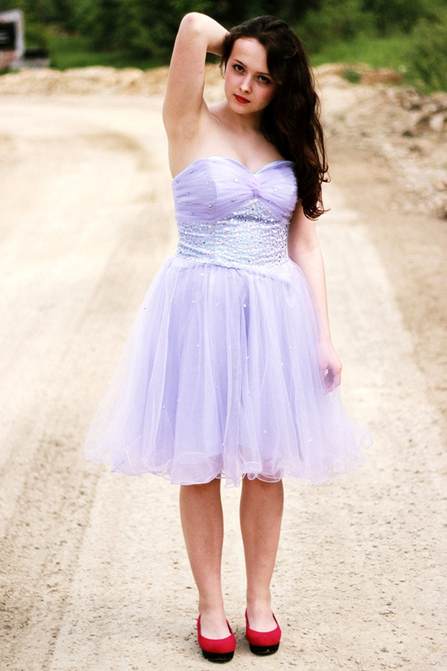 A-line Sweetheart Knee Length Tulle Rhinestone Prom Dress-stylesnuggle