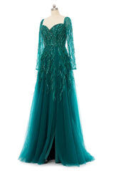 A-Line Sweetheart Sequined Tulle Floor-length Long Sleeve Open Back Beading Elegant Prom Dress-stylesnuggle