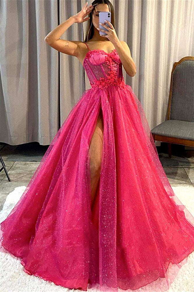 A-line Sweetheart Spaghetti strap Sequined Appliques Lace Sleeveless Floor-length Prom Dress-stylesnuggle