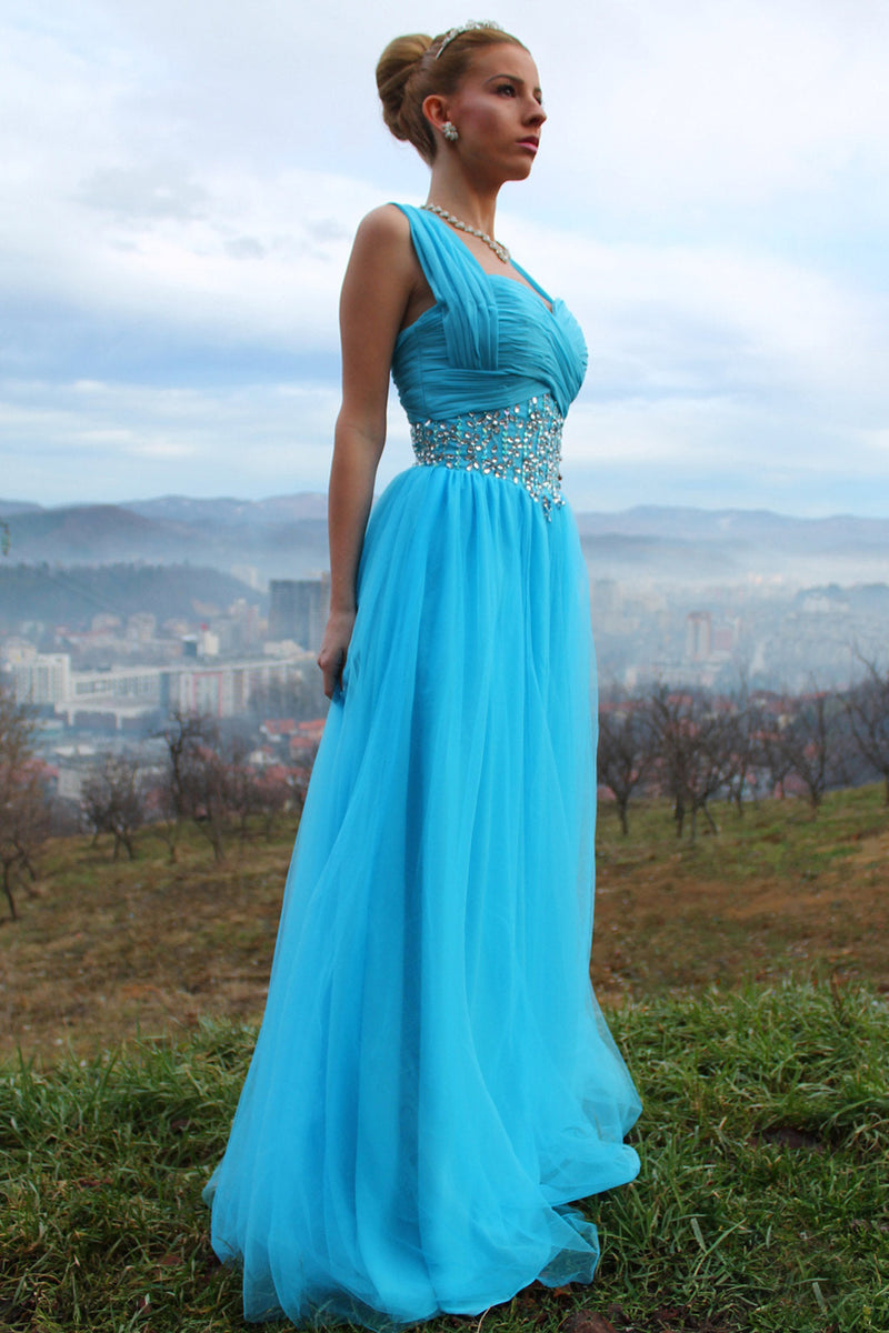 A-line Sweetheart Wide Strap Floor Length Chiffon Rhinestone Prom Dress-stylesnuggle