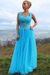 A-line Sweetheart Wide Strap Floor Length Chiffon Rhinestone Prom Dress-stylesnuggle