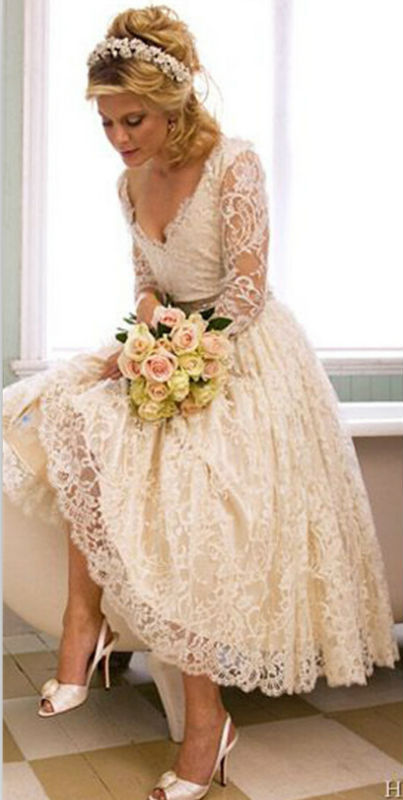 stylesnuggle custom white lace tea length wedding dresses in high quality at factory price, saving your money and making you shinning at your party.