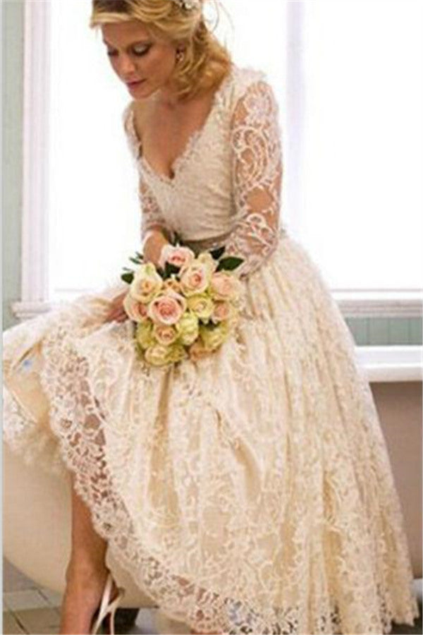 A Line V Neck 3/4 Long Sleeves Lace Wedding Dress New Arrival Tea Length Plus Size Bridal Gown-stylesnuggle