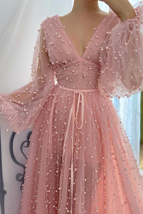 A-line V-neck Beaded Tulle Floor-length Long Sleeve Classy Prom Dress-stylesnuggle