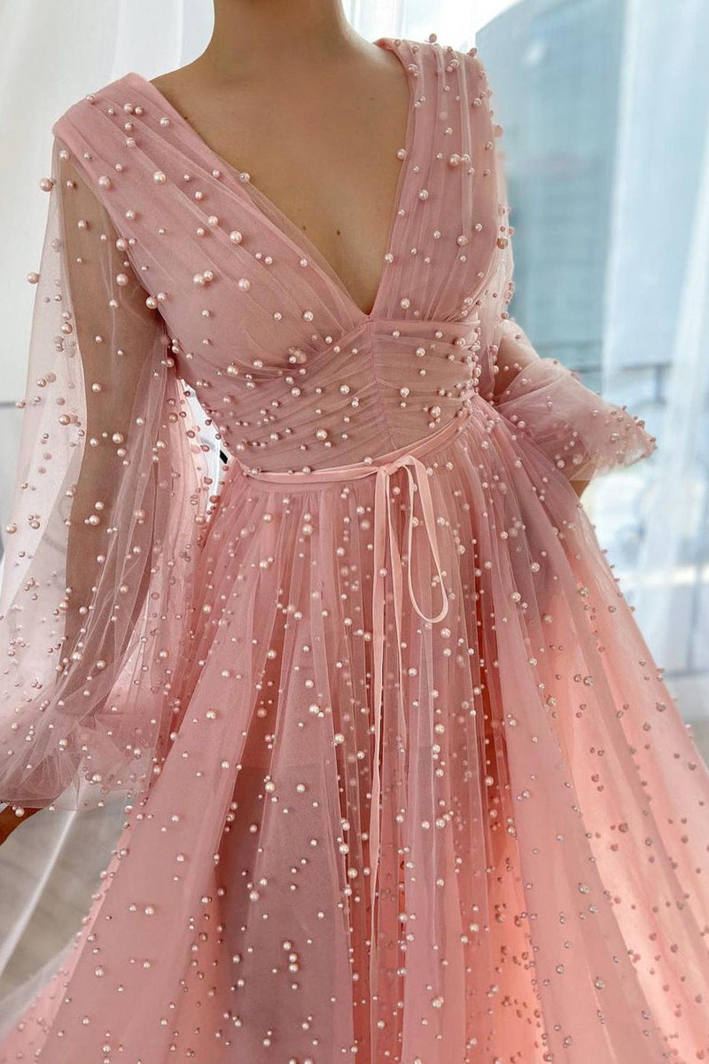 A-line V-neck Beaded Tulle Floor-length Long Sleeve Classy Prom Dress-stylesnuggle