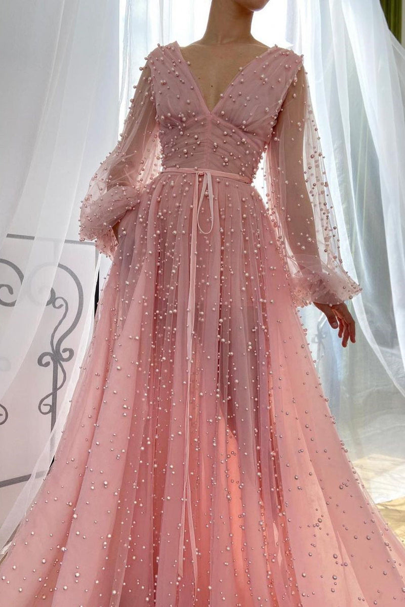 A-line V-neck Beaded Tulle Floor-length Long Sleeve Classy Prom Dress-stylesnuggle