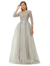 A-line V-neck Beading Floor-length Long Sleeve Open Back Lace Prom Dress-stylesnuggle