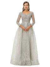 A-line V-neck Beading Floor-length Long Sleeve Open Back Lace Prom Dress-stylesnuggle