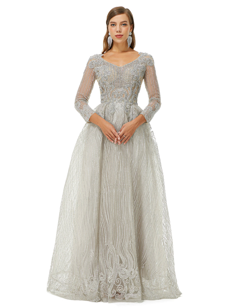 A-line V-neck Beading Floor-length Long Sleeve Open Back Lace Prom Dress-stylesnuggle