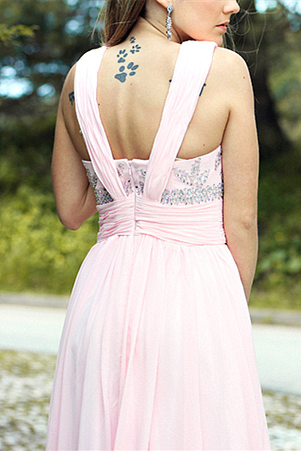 A-line V-neck Floor Length Chiffon Rhinestone Backless Prom Dress-stylesnuggle