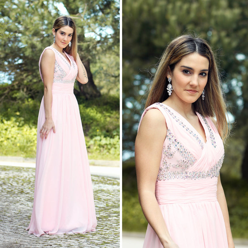 A-line V-neck Floor Length Chiffon Rhinestone Backless Prom Dress-stylesnuggle