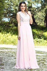 A-line V-neck Floor Length Chiffon Rhinestone Backless Prom Dress-stylesnuggle