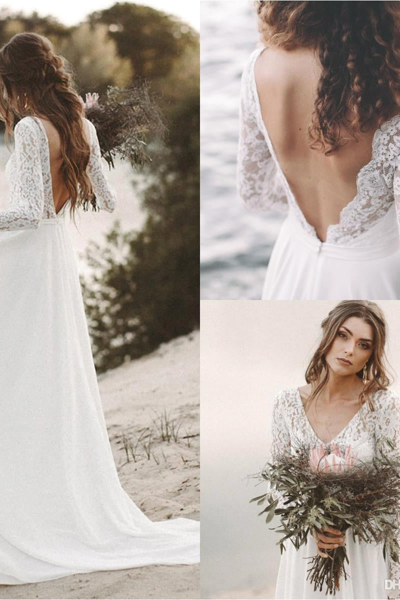 A-Line V-neck Floor-length Long Sleeve Lace Appliques Lace Wedding Dress-stylesnuggle