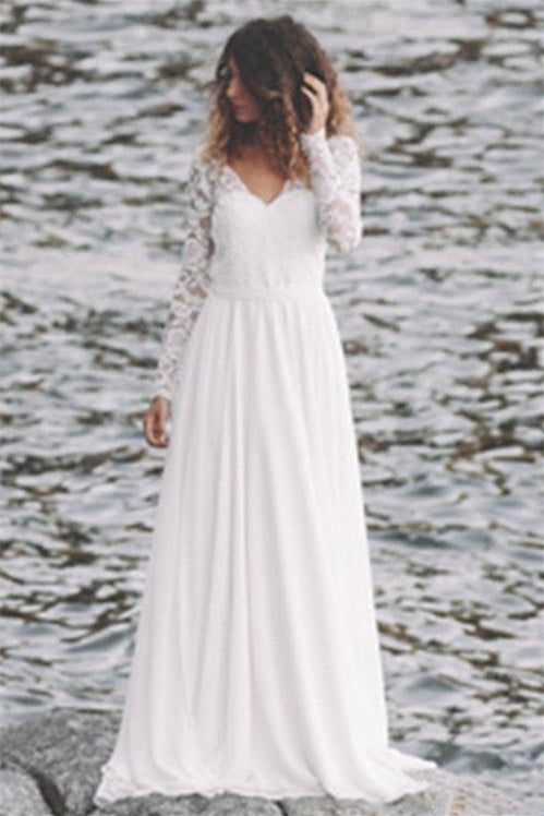 A-Line V-neck Floor-length Long Sleeve Lace Appliques Lace Wedding Dress-stylesnuggle