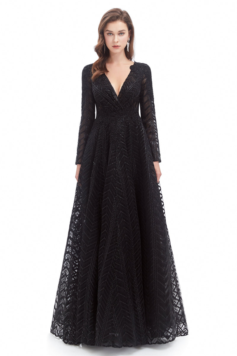 A-line V-neck Floor-length Long Sleeve Lace Sequined Prom Dress-stylesnuggle