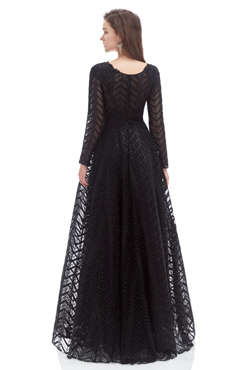 A-line V-neck Floor-length Long Sleeve Lace Sequined Prom Dress-stylesnuggle