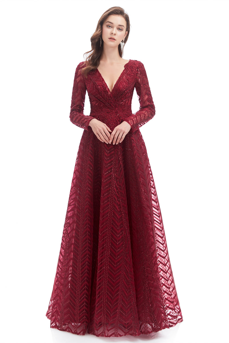 A-line V-neck Floor-length Long Sleeve Lace Sequined Prom Dress-stylesnuggle