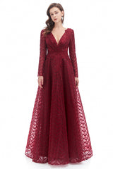 A-line V-neck Floor-length Long Sleeve Lace Sequined Prom Dress-stylesnuggle