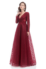 A-line V-neck Floor-length Long Sleeve Lace Sequined Prom Dress-stylesnuggle