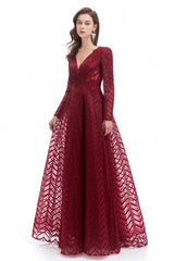 A-line V-neck Floor-length Long Sleeve Lace Sequined Prom Dress-stylesnuggle