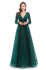 A-line V-neck Floor-length Long Sleeve Lace Sequined Prom Dress-stylesnuggle