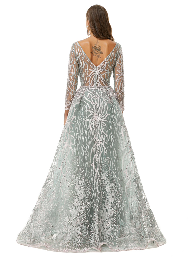 A-line V-neck Floor-length Long Sleeve Open Back Appliques Lace Prom Dress-stylesnuggle