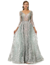 A-line V-neck Floor-length Long Sleeve Open Back Appliques Lace Prom Dress-stylesnuggle