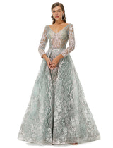 A-line V-neck Floor-length Long Sleeve Open Back Appliques Lace Prom Dress-stylesnuggle