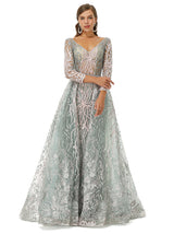 A-line V-neck Floor-length Long Sleeve Open Back Appliques Lace Prom Dress-stylesnuggle