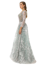 A-line V-neck Floor-length Long Sleeve Open Back Appliques Lace Prom Dress-stylesnuggle