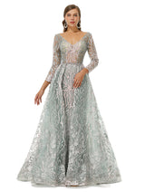 A-line V-neck Floor-length Long Sleeve Open Back Appliques Lace Prom Dress-stylesnuggle