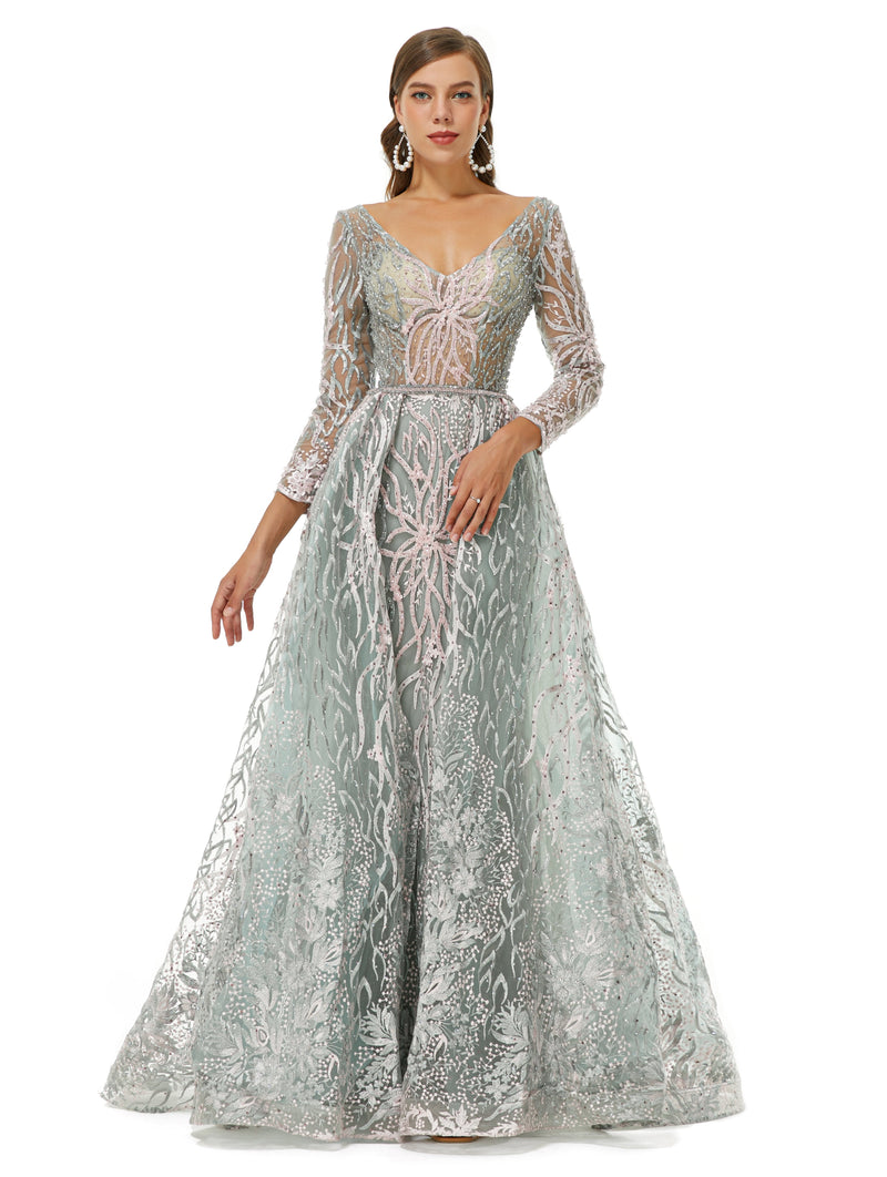 A-line V-neck Floor-length Long Sleeve Open Back Appliques Lace Prom Dress-stylesnuggle