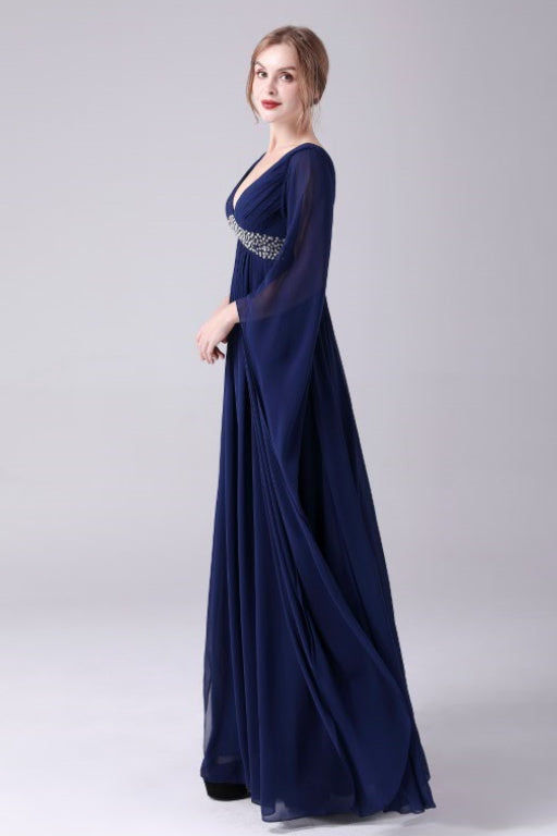 A-Line V-neck Floor Length Long sleeves Backless Sequined mother's dress-stylesnuggle