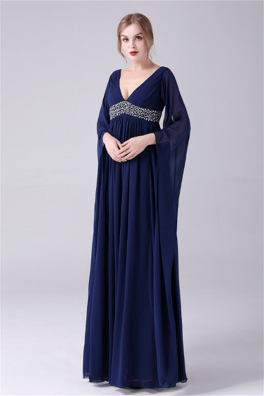 A-Line V-neck Floor Length Long sleeves Backless Sequined mother's dress-stylesnuggle