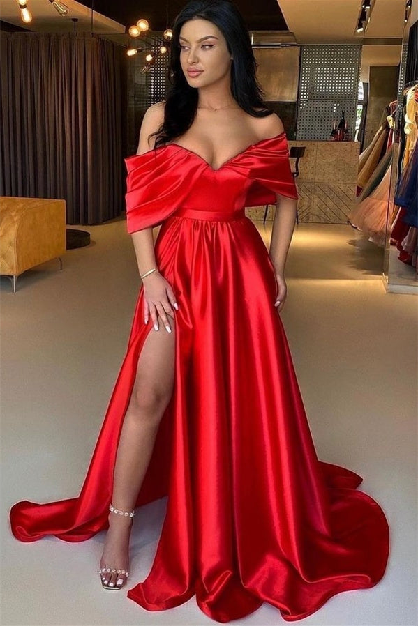 A-line V-neck Floor-length Off-the-shoulder Backless High Split Prom Dress-stylesnuggle