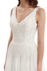 A-line V-neck Floor-length Sleeveless Backless Appliques Lace Wedding Dress-stylesnuggle