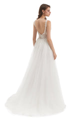 A-line V-neck Floor-length Sleeveless Backless Appliques Lace Wedding Dress-stylesnuggle