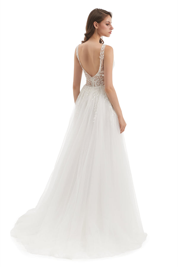 A-line V-neck Floor-length Sleeveless Backless Appliques Lace Wedding Dress-stylesnuggle